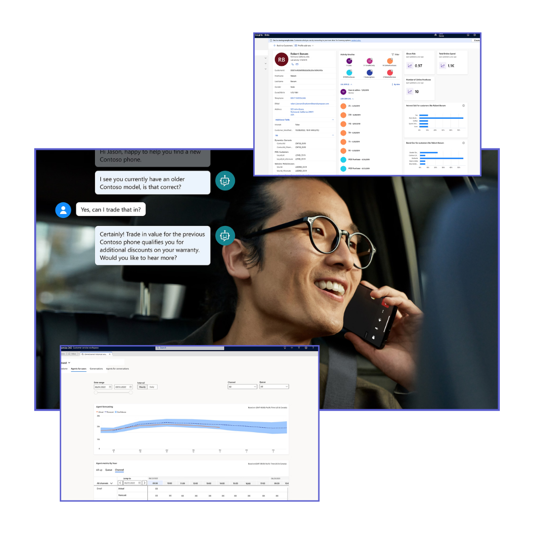 Immagine che rappresenta Microsoft 365 Customer Service con dashboard per aziende che evidenziano strumenti di produttività e collaborazione.