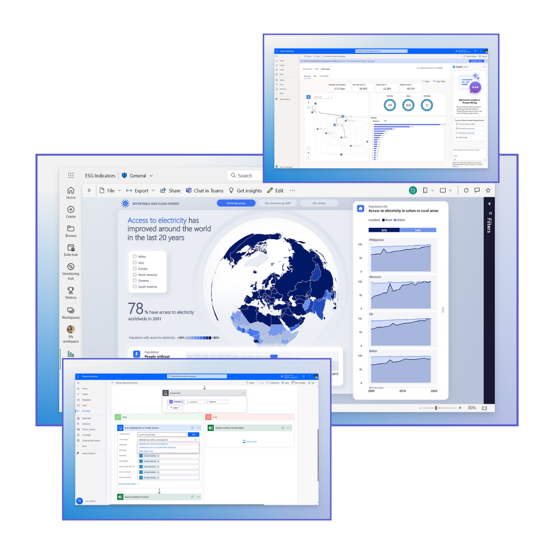 Tre cruscotti Microsoft Power Platform che evidenziano alcune sezioni Power BI e Power Automate con dati e dashboard